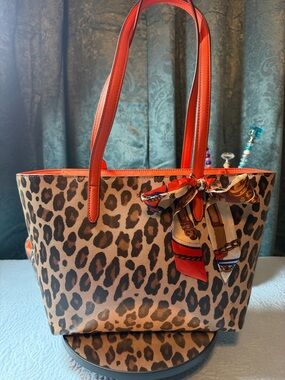 DKNY Leopard Print Tote with Orange Trim and Scarf Detail 11 x 9